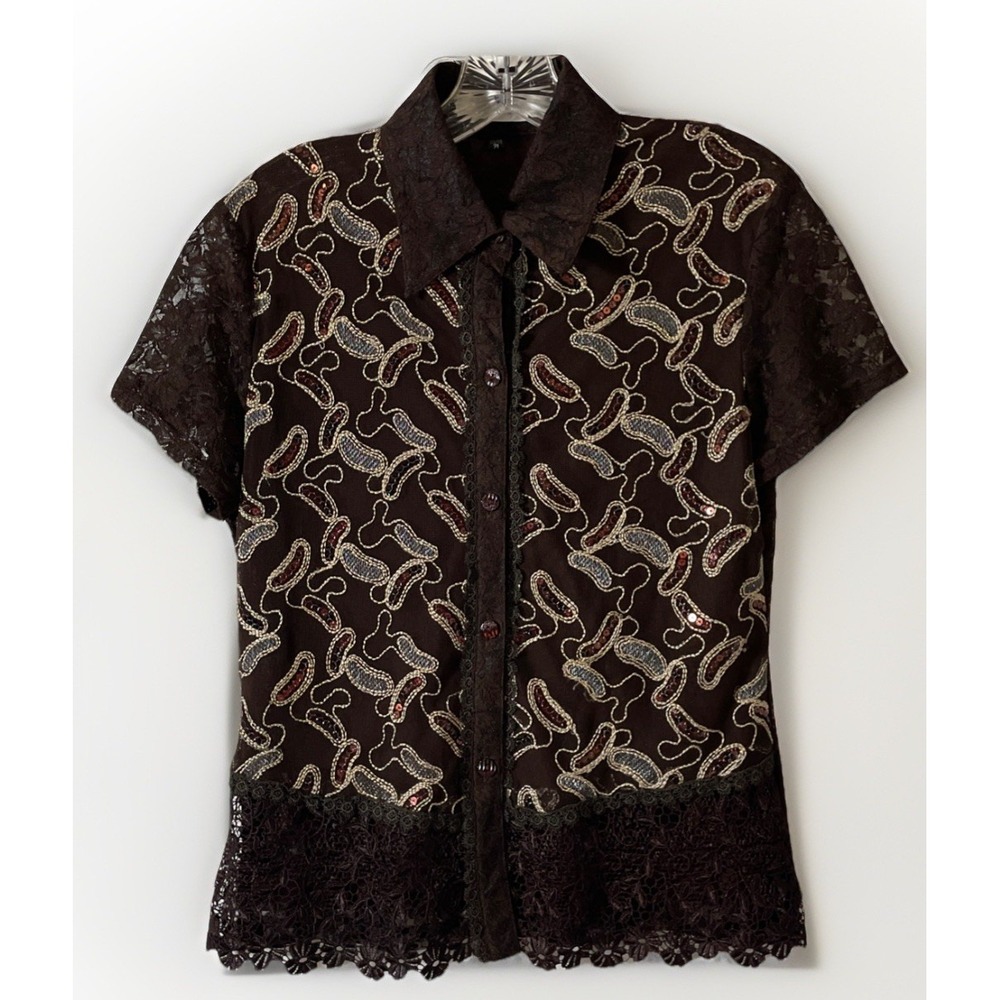 Mikynel Brown Short Sleeve Embroidered Sequin Lace Overlay Blouse Women's Size